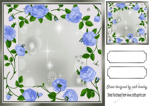 Pretty cascading blue roses with silver frame card front/insert