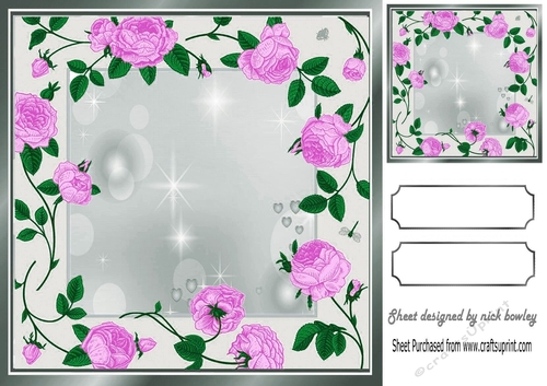 Pretty cascading pink roses with silver frame card front/insert