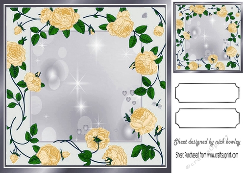 Pretty cascading gold roses with silver frame card front/insert