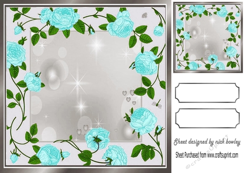 Pretty cascading turq roses with silver frame card front/insert