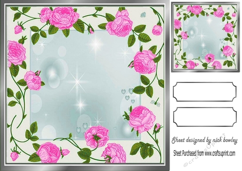 Pretty cascading cerise roses with silver frame card front/insert