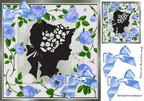 pretty blue cascading roses and silhouette vintage lady 8x8