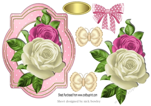 pretty pink/cream roses on a polka dot card front/topper