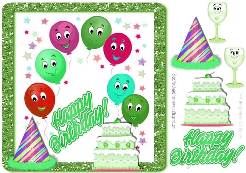 Toony birthday balloons with green cake 8x8
