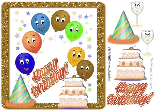 Toony birthday balloons with gold cake  8x8