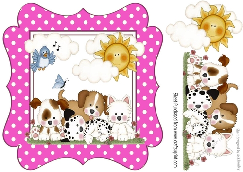 cute little puppies with little blue bird  & clouds cerise polkadot frame 8x8