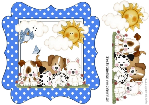 cute little puppies with little blue bird  & clouds blue polka dot frame 8x8