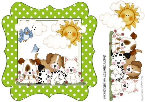  little puppies with  blue bird  & clouds lime green polka dot frame 8x8