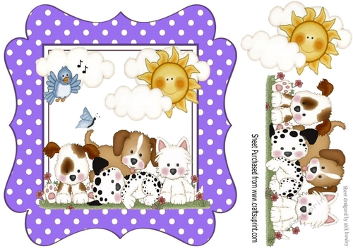 cute little puppies with little blue bird  & clouds purple polka dot frame 8x8