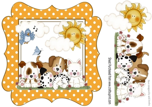 cute little puppies with little blue bird  & clouds gold polkadot frame 8x8
