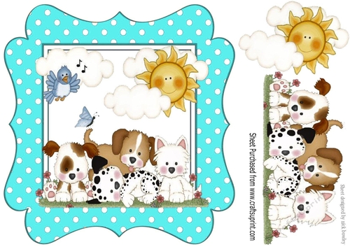 cute little puppies with little blue bird  & clouds turq polkadot frame 8x8