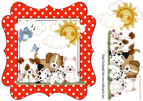 cute little puppies with little blue bird  & clouds red polkadot frame 8x8