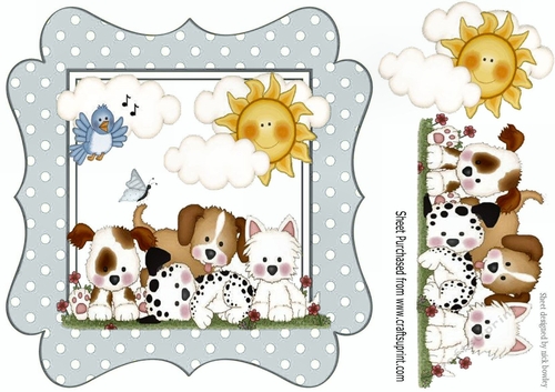 cute little puppies with little blue bird  & clouds silver polkadot frame 8x8