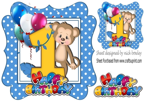 cute monkey birthday age (one blue) with balloons 8x8