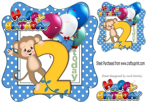 cute monkey birthday age (two blue) with balloons 8x8