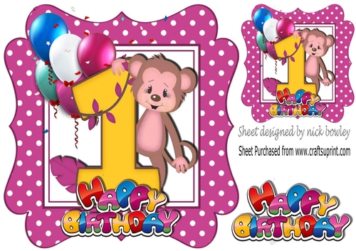 cute monkey birthday age (one pink) with balloons 8x8
