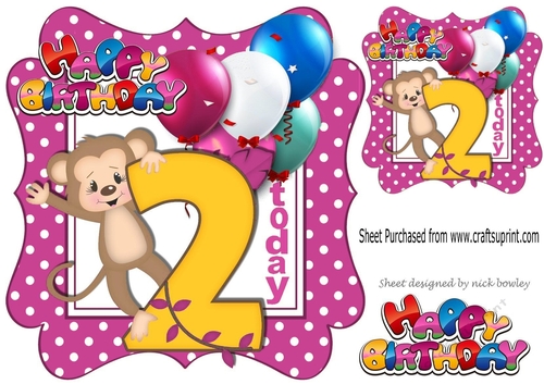 cute monkey birthday age (two pink) with balloons 8x8