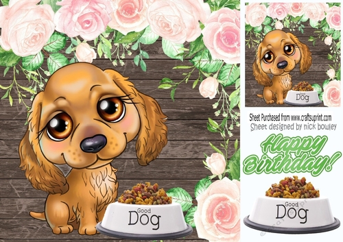 cute little brown puppy with pink roses (one) 8x8