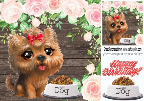 cute little yorkie puppy with pink roses (two) 8x8