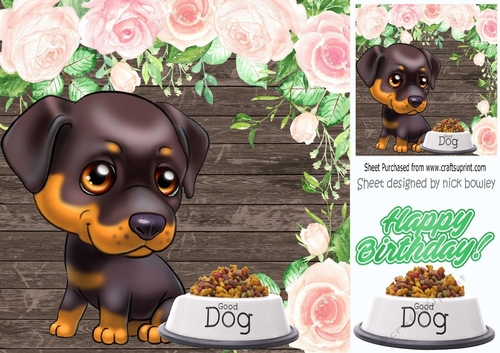 cute little doberman  puppy with pink roses (four) 8x8