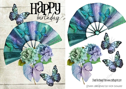 pretty blue rainbow fan with flowers and butterflies A5