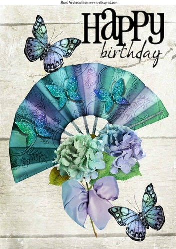 pretty blue rainbow fan with flowers and butterflies A4