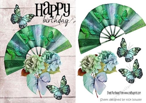 pretty green rainbow fan with flowers and butterflies A5