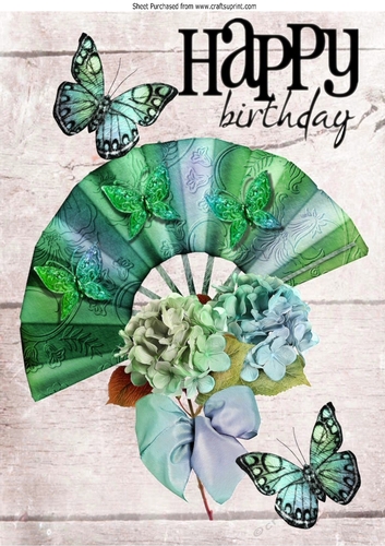pretty green rainbow fan with flowers and butterflies A4