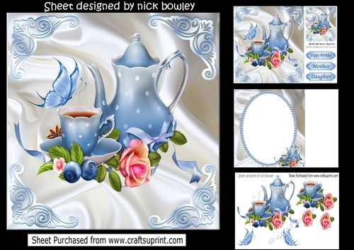 pretty blue teapot with roses and butterflies 8x8 mini kit