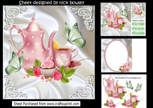 pretty pink teapot with cupcake and butterflies 8x8 mini kit