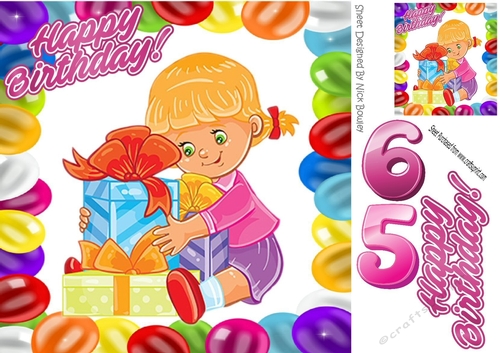 happy girl celebrating her birthday with presents (pink) 8x8