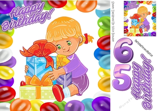 happy girl celebrating her birthday with presents (purple) 8x8