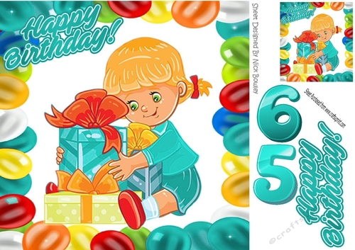 happy girl celebrating her birthday with presents (turq) 8x8