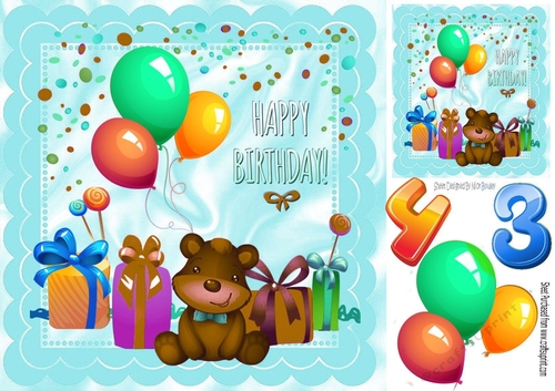 little bear with balloons & presents (turq) 8x8