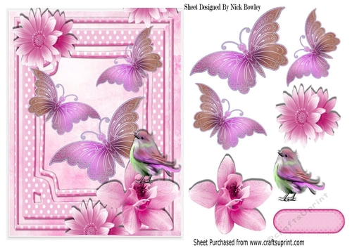 pretty pink butterflies, flowers & bird A5