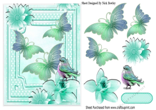 pretty turq butterflies, flowers & bird A5