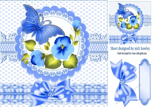 pretty blue corner flowers with butterfly and bow 8x8