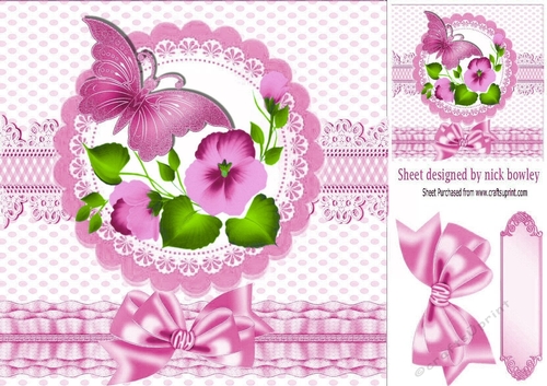 pretty pink corner flowers with butterfly and bow 8x8