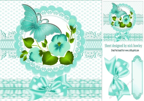 pretty turq corner flowers with butterfly and bow 8x8