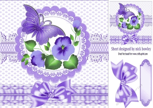 pretty purple corner flowers with butterfly and bow 8x8