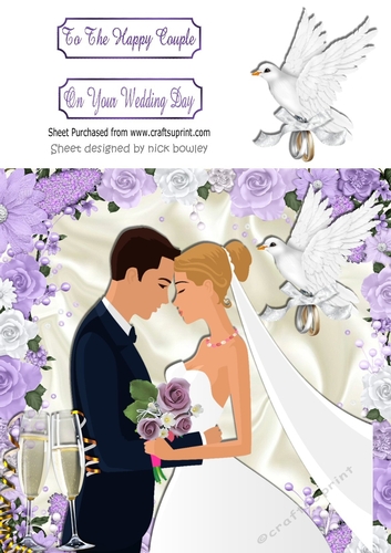 pretty purple flowers on satin with dove & wedding 8x8