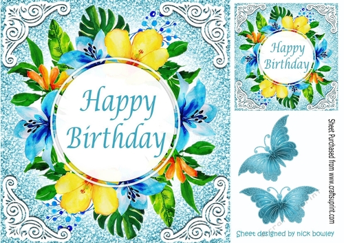 lovely floral blue and lemon birthday card with butterflies 8x8