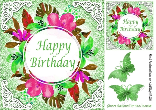 lovely floral green/pink birthday card with butterflies 8x8