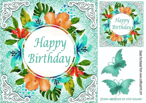 lovely floral turq/peach flowers birthday card with butterflies 8x8
