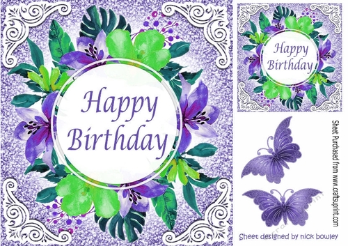 lovely floral  purple birthday card with butterflies 8x8