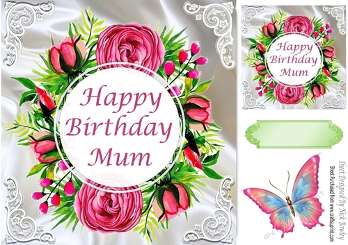 Pretty pink roses on satin birthday card for MUM with butterfly 8x8