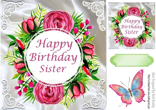 Pretty pink roses on satin birthday card for a SISTER with butterfly 8x8