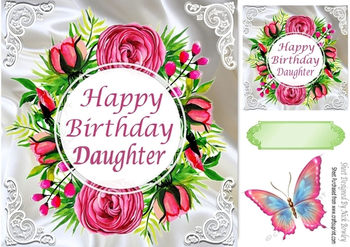 Pretty pink roses on satin birthday card for a DAUGHTER with butterfly 8x8