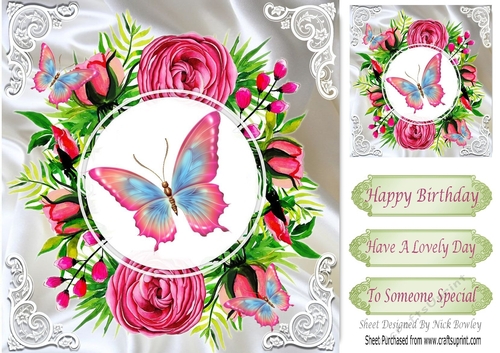 pretty butterflies and pink roses & flowers on satin 8x8
