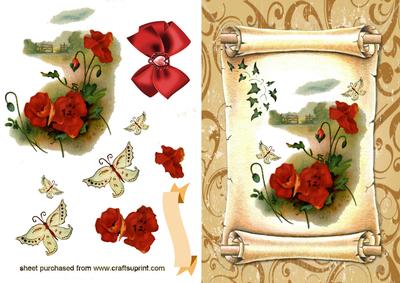 Old Scroll, with Red Poppies & Butterflies